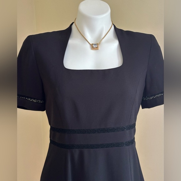 Liz Claiborne Black Midi Dress Square Neck Striped Lace Sleeves & Waist Sz P8 - Picture 2 of 16